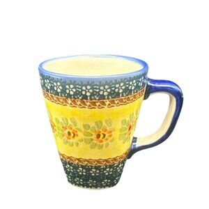 Kalich Polish Pottery Yellow Colorful Floral Coffee Tea Mug Cup Unikat 8oz